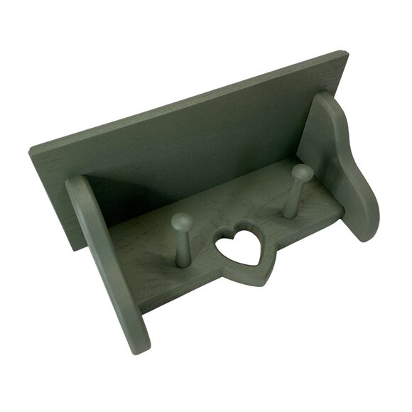 Handcrafted Wooden Wall Shelf With Heart Design & Pegs Sage Green - Picture 2 of 7